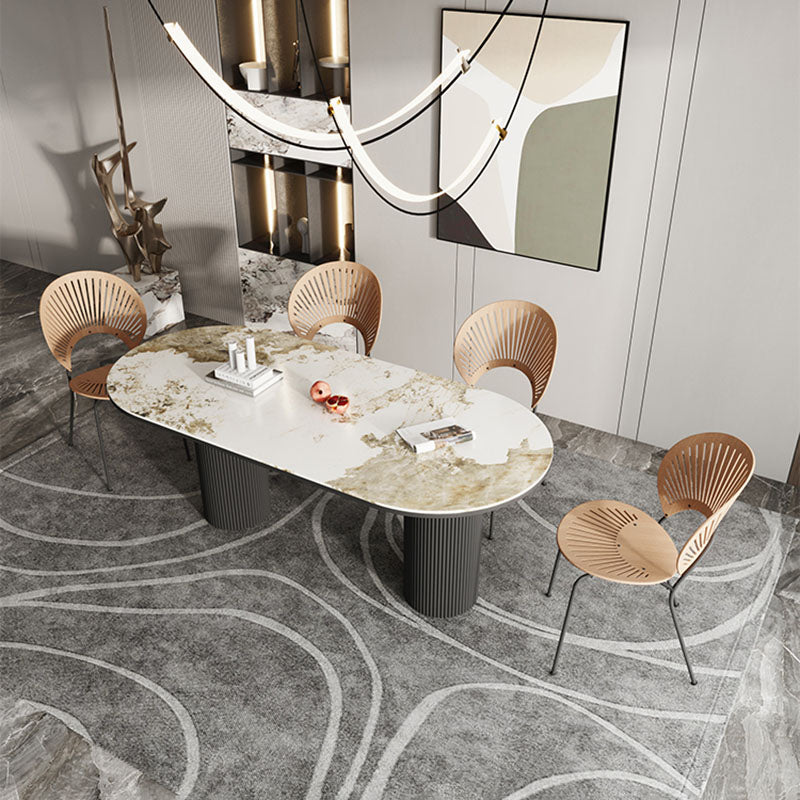Oval Modern Dining Table Stone Top Metal Double Pedestal Dining Room Table Clearhalo 'Dining Tables & Seating' 'Dining Tables' 'dining_table' 'furn' 'furn_dining_table' 'Furniture' 'furniture_dining_table' 'Kitchen & Dining Furniture' 'kitchen' 'kitchen_dining_table' 5032715