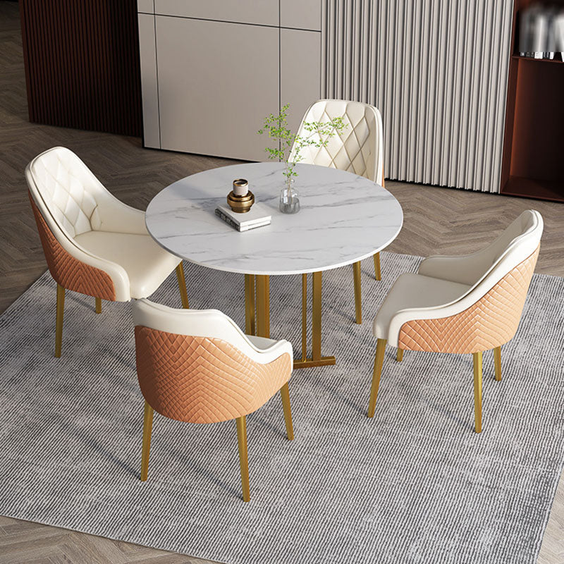 Stone Top Dining Table Contemporary Dining Table with Gold Pedestal Base Round 31.5"L x 31.5"W x 29.5"H Without Chairs Clearhalo 'Dining Tables & Seating' 'Dining Tables' 'dining_table' 'furn' 'furn_dining_table' 'Furniture' 'furniture_dining_table' 'Kitchen & Dining Furniture' 'kitchen' 'kitchen_dining_table' 5032724