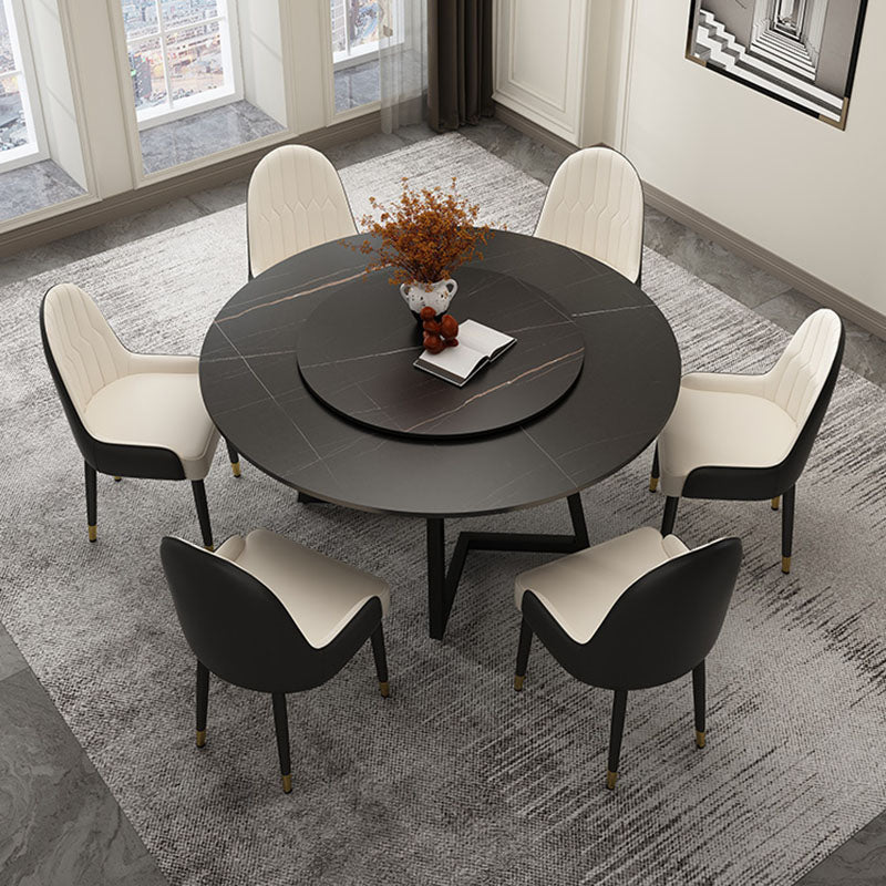 Modern Round Standard Height Dining Table Stone Double Pedestal Dining Table Black 47.2"L x 47.2"W x 29.5"H Without Chairs Clearhalo 'Dining Tables & Seating' 'Dining Tables' 'dining_table' 'furn' 'furn_dining_table' 'Furniture' 'furniture_dining_table' 'Kitchen & Dining Furniture' 'kitchen' 'kitchen_dining_table' 5032773