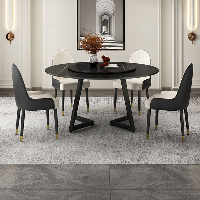 Modern Round Standard Height Dining Table Stone Double Pedestal Dining Table Black 59.1"L x 59.1"W x 29.5"H Without Chairs Clearhalo 'Dining Tables & Seating' 'Dining Tables' 'dining_table' 'furn' 'furn_dining_table' 'Furniture' 'furniture_dining_table' 'Kitchen & Dining Furniture' 'kitchen' 'kitchen_dining_table' 5032774