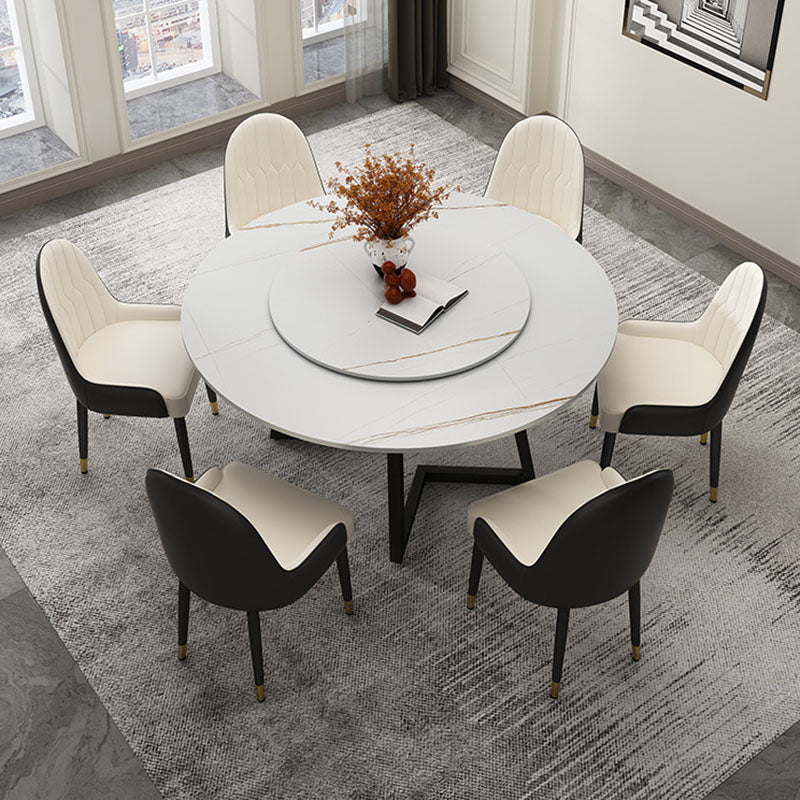 Modern Round Standard Height Dining Table Stone Double Pedestal Dining Table White Gold Without Chairs Clearhalo 'Dining Tables & Seating' 'Dining Tables' 'dining_table' 'furn' 'furn_dining_table' 'Furniture' 'furniture_dining_table' 'Kitchen & Dining Furniture' 'kitchen' 'kitchen_dining_table' 5032775