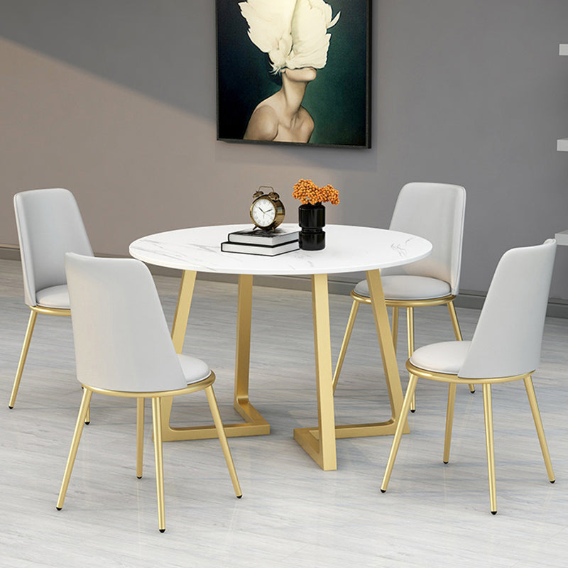 Stone Top Dining Table Contemporary Table with Sled Base in Gold White 47.2"L x 47.2"W x 29.5"H Without Chairs Clearhalo 'Dining Tables & Seating' 'Dining Tables' 'dining_table' 'furn' 'furn_dining_table' 'Furniture' 'furniture_dining_table' 'Kitchen & Dining Furniture' 'kitchen' 'kitchen_dining_table' 5032927