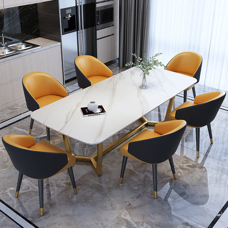 Luxury Sintered Stone Top Table Rectangle Table with Gold Trestle Base 55.1"L x 31.5"W x 29.5"H Without Chairs Clearhalo 'Dining Tables & Seating' 'Dining Tables' 'dining_table' 'furn' 'furn_dining_table' 'Furniture' 'furniture_dining_table' 'Kitchen & Dining Furniture' 'kitchen' 'kitchen_dining_table' 5032987