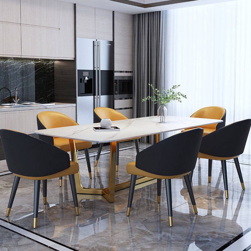 Luxury Sintered Stone Top Table Rectangle Table with Gold Trestle Base 70.9"L x 35.4"W x 29.5"H Without Chairs Clearhalo 'Dining Tables & Seating' 'Dining Tables' 'dining_table' 'furn' 'furn_dining_table' 'Furniture' 'furniture_dining_table' 'Kitchen & Dining Furniture' 'kitchen' 'kitchen_dining_table' 5032989