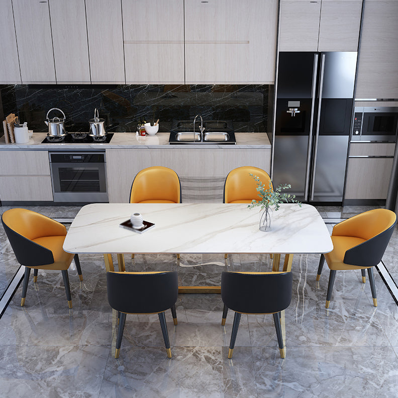 Luxury Sintered Stone Top Table Rectangle Table with Gold Trestle Base 78.7"L x 35.4"W x 29.5"H Without Chairs Clearhalo 'Dining Tables & Seating' 'Dining Tables' 'dining_table' 'furn' 'furn_dining_table' 'Furniture' 'furniture_dining_table' 'Kitchen & Dining Furniture' 'kitchen' 'kitchen_dining_table' 5032990