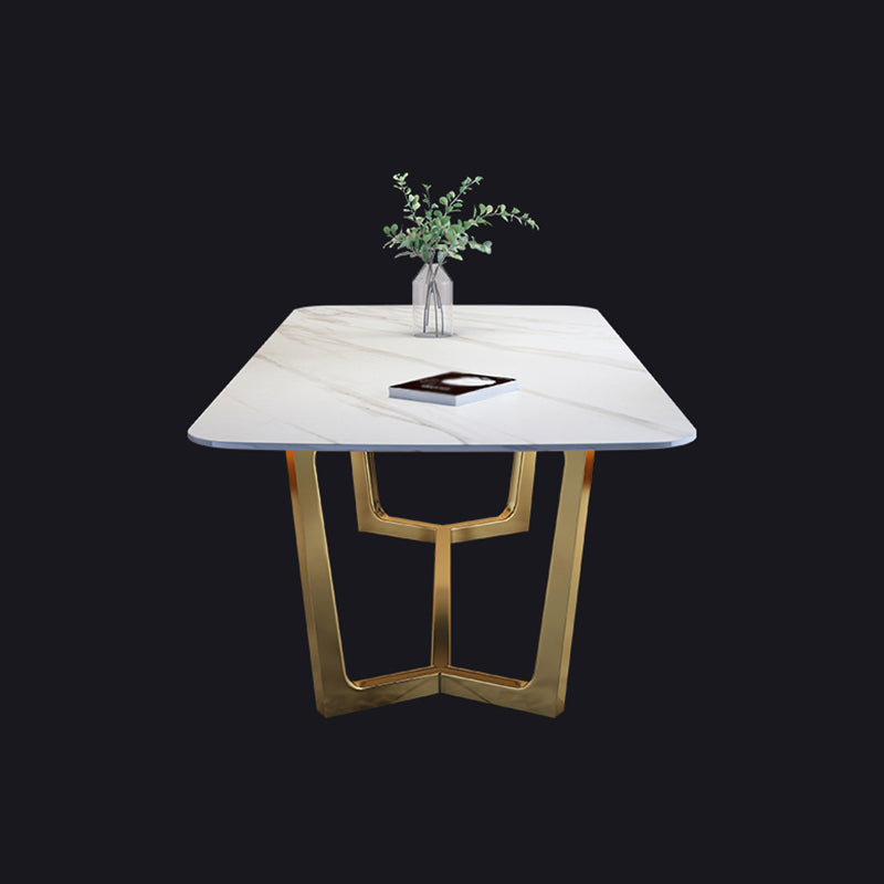 Luxury Sintered Stone Top Table Rectangle Table with Gold Trestle Base Clearhalo 'Dining Tables & Seating' 'Dining Tables' 'dining_table' 'furn' 'furn_dining_table' 'Furniture' 'furniture_dining_table' 'Kitchen & Dining Furniture' 'kitchen' 'kitchen_dining_table' 5032991