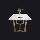 Luxury Sintered Stone Top Table Rectangle Table with Gold Trestle Base Clearhalo 'Dining Tables & Seating' 'Dining Tables' 'dining_table' 'furn' 'furn_dining_table' 'Furniture' 'furniture_dining_table' 'Kitchen & Dining Furniture' 'kitchen' 'kitchen_dining_table' 5032991