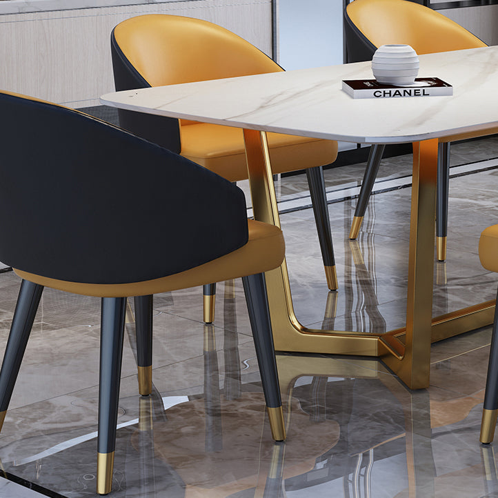 Luxury Sintered Stone Top Table Rectangle Table with Gold Trestle Base Clearhalo 'Dining Tables & Seating' 'Dining Tables' 'dining_table' 'furn' 'furn_dining_table' 'Furniture' 'furniture_dining_table' 'Kitchen & Dining Furniture' 'kitchen' 'kitchen_dining_table' 5032995