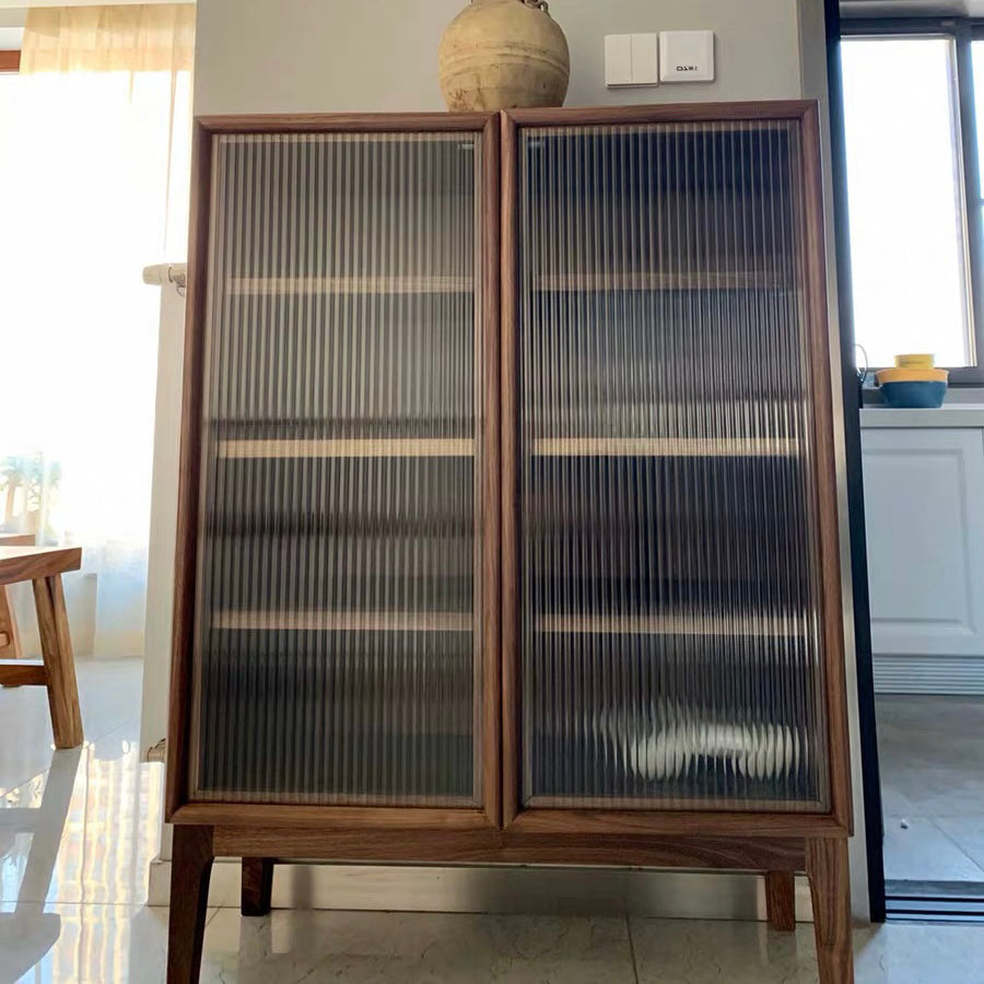 Modern Pine Wood Credenza Glass Doors Cabinets Dining Server for Living Room Walnut Vertical Glass Clearhalo 'buffet_sideboard' 'Buffets & Sideboards' 'furn' 'furn_buffet_sideboard' 'Furniture' 'furniture_buffet_sideboard' 'Kitchen & Dining Furniture' 5035527