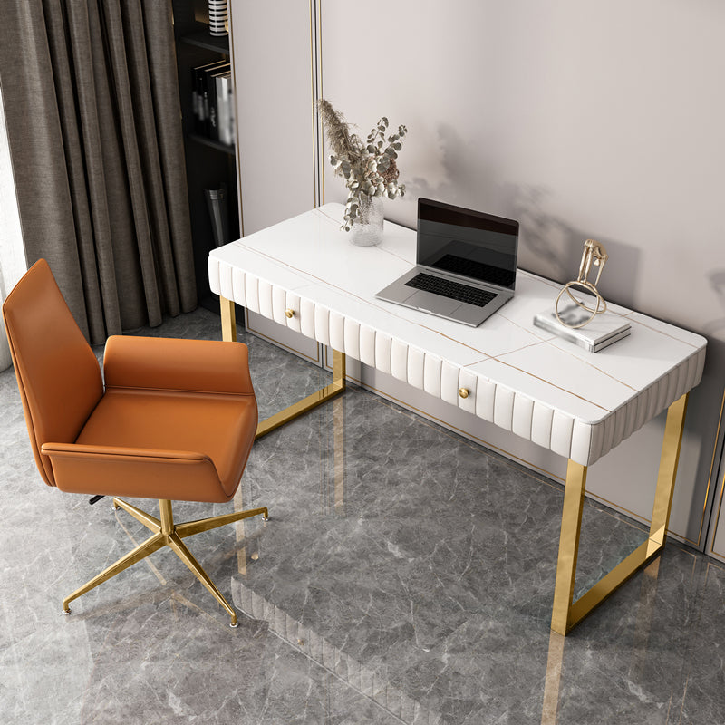 Glam Style Stone Writing Desk Curved Sled Base Office Desk with 2 Drawers Clearhalo 'furn' 'furn_office_desk' 'Furniture' 'furniture_office_desk' 'Office Desks' 'Office Furniture' 'office_desk' 5035572