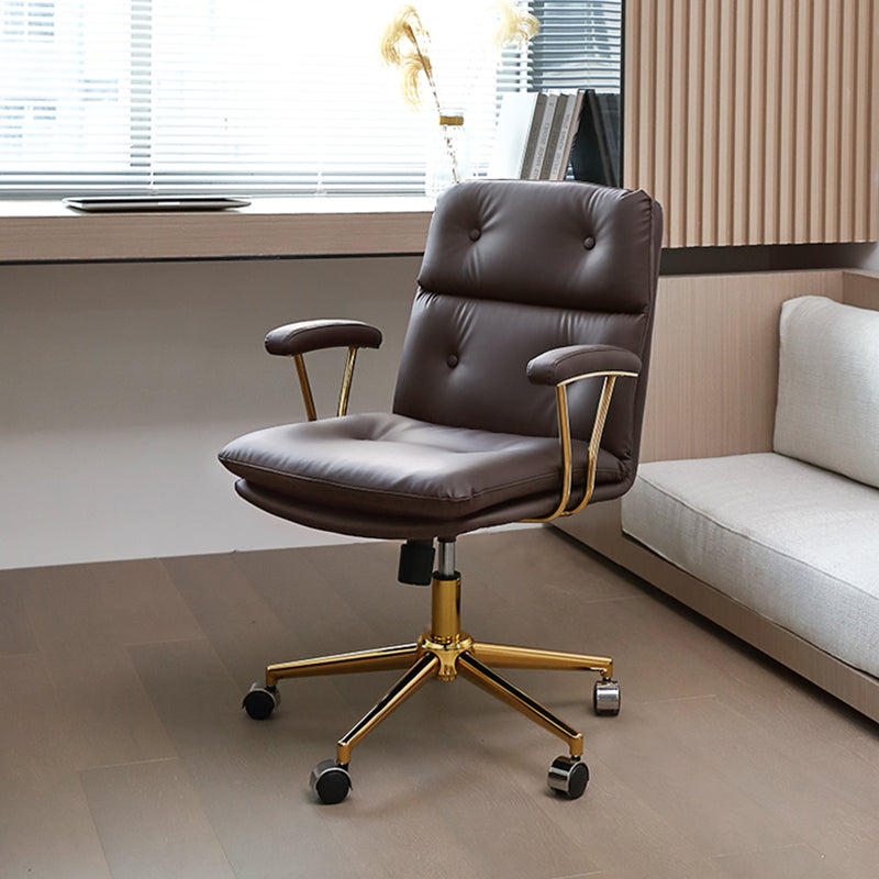 Mid-back Office Chair Leather Seat with Fixed Armrest and Tufted Office Chair Coffee-Gold Clearhalo 'Furniture' 'furniture_office_chair' 'Office Chairs' 'Office Furniture' 'office_chair' 5035935