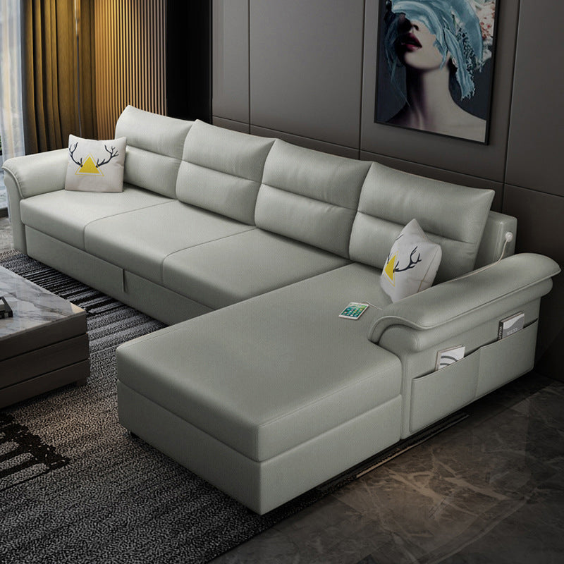 Cushion Back Storage Stain-Resistant Manual Reclining Faux Leather Sectional Sofa Set Light Gray Right Clearhalo 'Furniture' 'furniture_sectionals' 'Living Room Furniture' 'Sectionals' 5039527