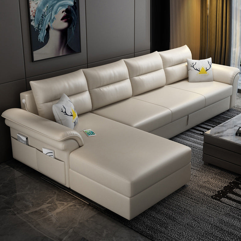 Cushion Back Storage Stain-Resistant Manual Reclining Faux Leather Sectional Sofa Set Off-White Left Clearhalo 'Furniture' 'furniture_sectionals' 'Living Room Furniture' 'Sectionals' 5039529