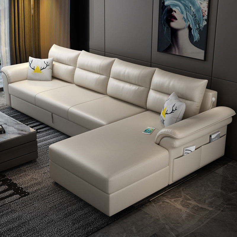 Cushion Back Storage Stain-Resistant Manual Reclining Faux Leather Sectional Sofa Set Off-White Right Clearhalo 'Furniture' 'furniture_sectionals' 'Living Room Furniture' 'Sectionals' 5039530