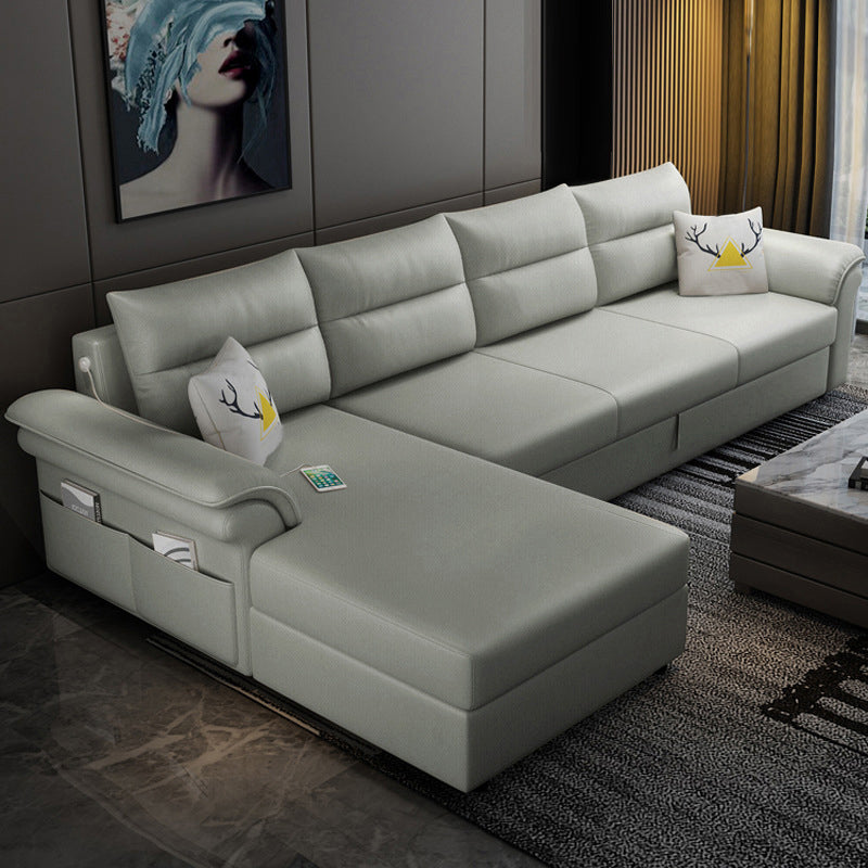 Cushion Back Storage Stain-Resistant Manual Reclining Faux Leather Sectional Sofa Set Light Gray Left Clearhalo 'Furniture' 'furniture_sectionals' 'Living Room Furniture' 'Sectionals' 5039534