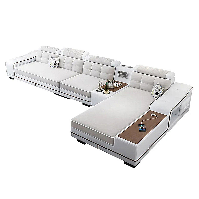 33.46"High Fabric Sloped Arms Sectional Sofa with 2 Cup Holders,White 150"L x 71"W x 33.5"H Faux Leather Clearhalo 'furn' 'furn_sectionals' 'Furniture' 'furniture_sectionals' 'Living Room Furniture' 'Sectionals' 5039548
