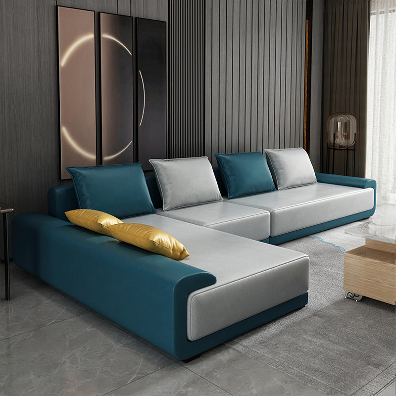 Contemporary Loose Back Square Arm Sofa with Slipcovered for Living Room Royal Blue Faux Leather Clearhalo 'furn' 'furn_sectionals' 'Furniture' 'furniture_sectionals' 'Living Room Furniture' 'Sectionals' 5039568