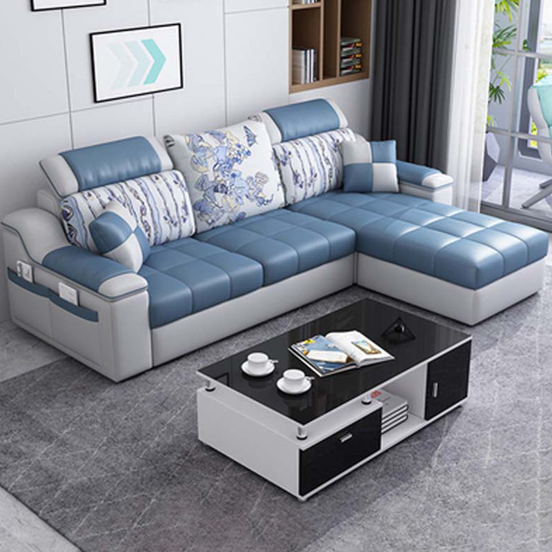 Contemporary Faux Leather/Fabric Sofa with Bolster Pillows for Living Room Blue Clearhalo 'furn' 'furn_sectionals' 'Furniture' 'furniture_sectionals' 'Living Room Furniture' 'Sectionals' 5041670