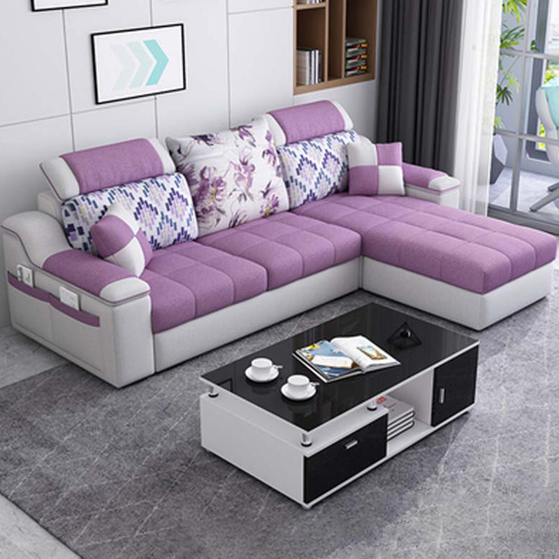 Contemporary Faux Leather/Fabric Sofa with Bolster Pillows for Living Room Violet Clearhalo 'furn' 'furn_sectionals' 'Furniture' 'furniture_sectionals' 'Living Room Furniture' 'Sectionals' 5041671