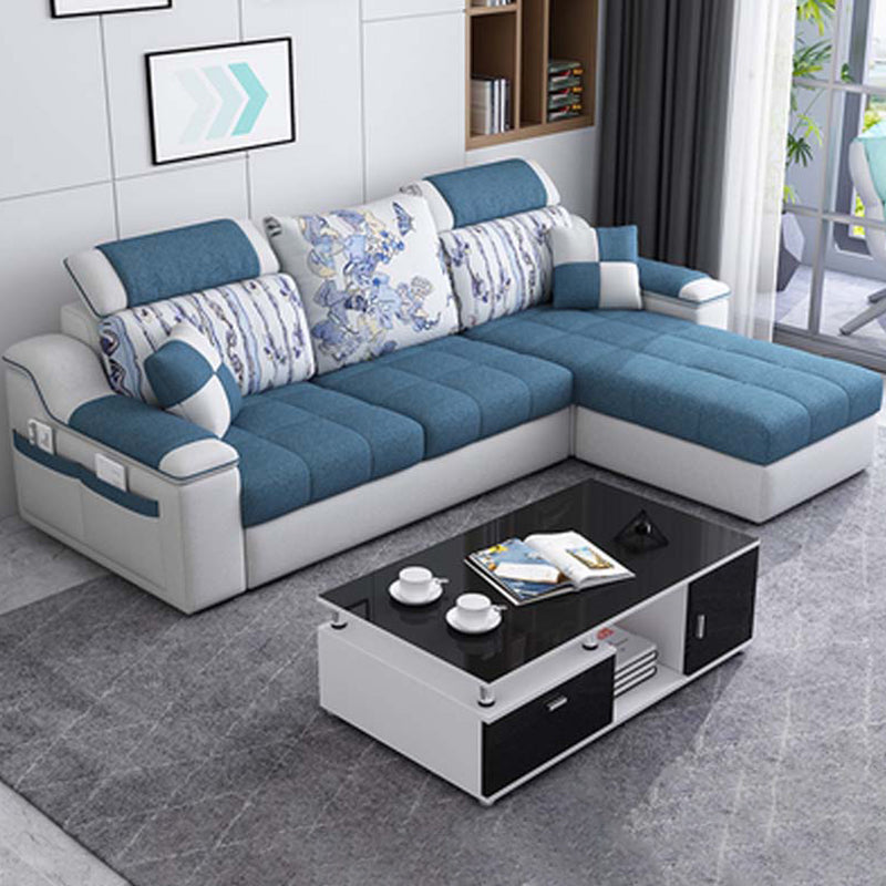 Contemporary Faux Leather/Fabric Sofa with Bolster Pillows for Living Room Dark Blue Clearhalo 'furn' 'furn_sectionals' 'Furniture' 'furniture_sectionals' 'Living Room Furniture' 'Sectionals' 5041674