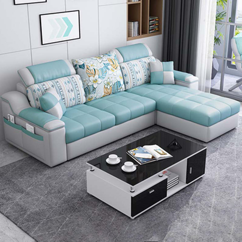 Contemporary Faux Leather/Fabric Sofa with Bolster Pillows for Living Room Light Green Clearhalo 'furn' 'furn_sectionals' 'Furniture' 'furniture_sectionals' 'Living Room Furniture' 'Sectionals' 5041683