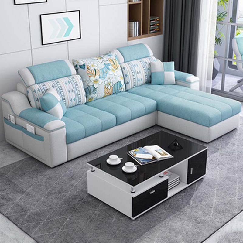Contemporary Faux Leather/Fabric Sofa with Bolster Pillows for Living Room Light Blue Clearhalo 'furn' 'furn_sectionals' 'Furniture' 'furniture_sectionals' 'Living Room Furniture' 'Sectionals' 5041684