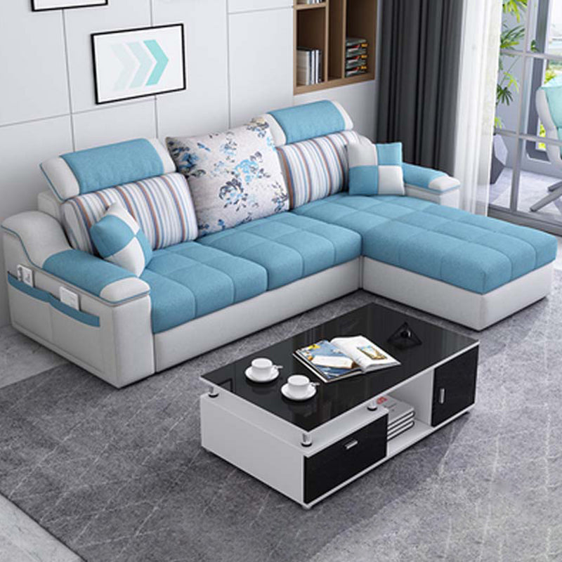 Contemporary Faux Leather/Fabric Sofa with Bolster Pillows for Living Room Sky Blue Clearhalo 'furn' 'furn_sectionals' 'Furniture' 'furniture_sectionals' 'Living Room Furniture' 'Sectionals' 5041685