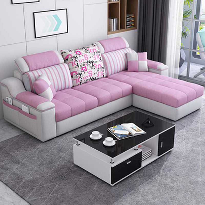 Contemporary Faux Leather/Fabric Sofa with Bolster Pillows for Living Room Pink Clearhalo 'furn' 'furn_sectionals' 'Furniture' 'furniture_sectionals' 'Living Room Furniture' 'Sectionals' 5041686