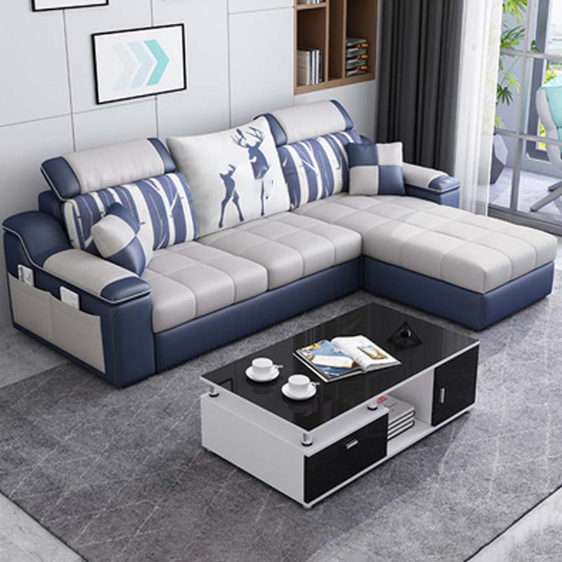 Contemporary Faux Leather/Fabric Sofa with Bolster Pillows for Living Room Beige Clearhalo 'furn' 'furn_sectionals' 'Furniture' 'furniture_sectionals' 'Living Room Furniture' 'Sectionals' 5041688