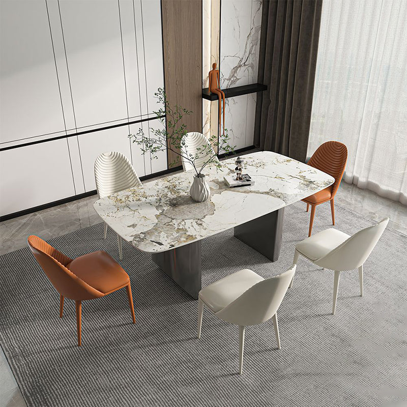 Modern Style Sintered Stone Dining Table Set 1/2/3/4/5/6/7 Pieces Dining Set 7 Pieces: Table, 4 White+2 Orange Chairs Clearhalo 'Dining Room Sets' 'Dining Tables & Seating' 'dining_room_set' 'furn' 'furn_dining_room_set' 'Furniture' 'furniture_dining_room_set' 'Kitchen & Dining Furniture' 5042960