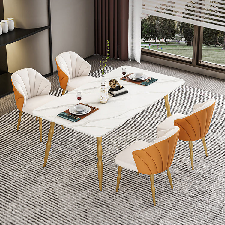 Glam Iron Dinette Set 1/2/5/7 Pieces Rectangle Sintered Stone Top Dining Table Set 5 Pieces: Table, 4 Orange Chairs Clearhalo 'Dining Room Sets' 'Dining Tables & Seating' 'dining_room_set' 'furn' 'furn_dining_room_set' 'Furniture' 'furniture_dining_room_set' 'Kitchen & Dining Furniture' 5043051