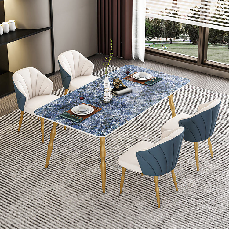 Glam Iron Dinette Set 1/2/5/7 Pieces Rectangle Sintered Stone Top Dining Table Set 5 Pieces: Table, 4 Blue Chairs Clearhalo 'Dining Room Sets' 'Dining Tables & Seating' 'dining_room_set' 'furn' 'furn_dining_room_set' 'Furniture' 'furniture_dining_room_set' 'Kitchen & Dining Furniture' 5043052