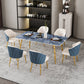 Glam Iron Dinette Set 1/2/5/7 Pieces Rectangle Sintered Stone Top Dining Table Set 7 Pieces: Table, 6 Blue Chairs Clearhalo 'Dining Room Sets' 'Dining Tables & Seating' 'dining_room_set' 'furn' 'furn_dining_room_set' 'Furniture' 'furniture_dining_room_set' 'Kitchen & Dining Furniture' 5043054