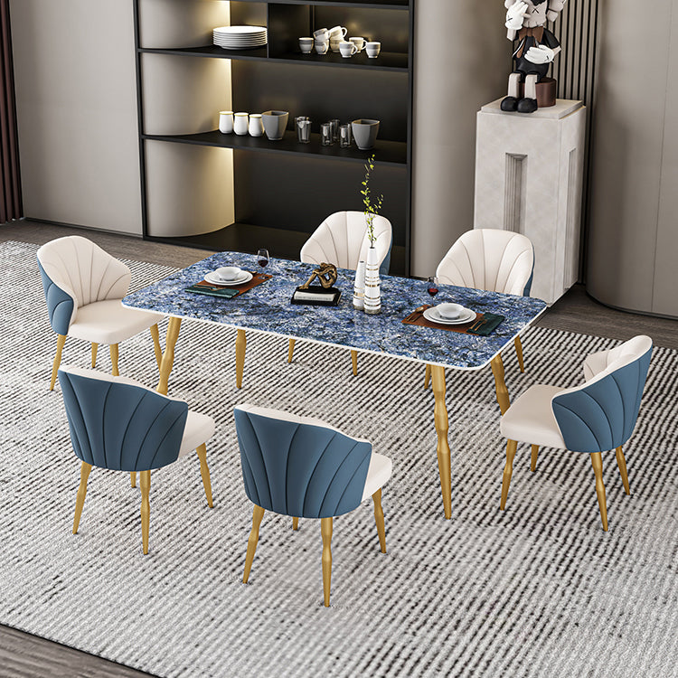 Glam Iron Dinette Set 1/2/5/7 Pieces Rectangle Sintered Stone Top Dining Table Set 7 Pieces: Table, 6 Blue Chairs Clearhalo 'Dining Room Sets' 'Dining Tables & Seating' 'dining_room_set' 'furn' 'furn_dining_room_set' 'Furniture' 'furniture_dining_room_set' 'Kitchen & Dining Furniture' 5043054
