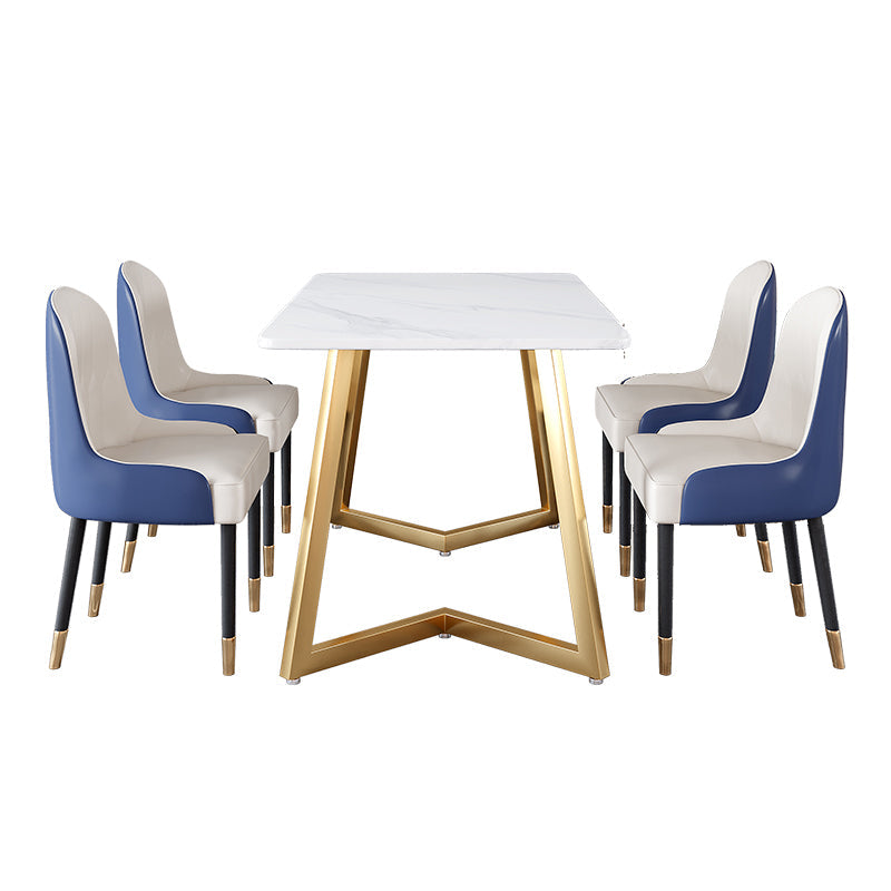 Glam Iron Dinette Set 1/2/5/6 Pieces Rectangle White Sintered Stone Top Dining Table Set 5 Pieces: Table, 4 Blue Chairs Clearhalo 'Dining Room Sets' 'Dining Tables & Seating' 'dining_room_set' 'furn' 'furn_dining_room_set' 'Furniture' 'furniture_dining_room_set' 'Kitchen & Dining Furniture' 5043075