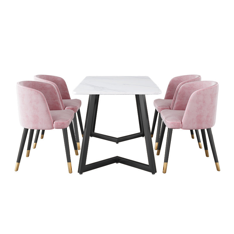Modern Black Iron Dinette Set 1/2/5/7 Pieces Rectangle Sintered Stone Top Dining Table Set 5 Pieces: White Table, 4 Pink Chairs Clearhalo 'Dining Room Sets' 'Dining Tables & Seating' 'dining_room_set' 'furn' 'furn_dining_room_set' 'Furniture' 'furniture_dining_room_set' 'Kitchen & Dining Furniture' 5043112