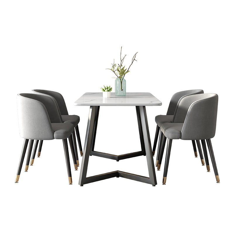 Modern Black Iron Dinette Set 1/2/5/7 Pieces Rectangle Sintered Stone Top Dining Table Set 5 Pieces: White Table, 4 Grey Chairs Clearhalo 'Dining Room Sets' 'Dining Tables & Seating' 'dining_room_set' 'furn' 'furn_dining_room_set' 'Furniture' 'furniture_dining_room_set' 'Kitchen & Dining Furniture' 5043113