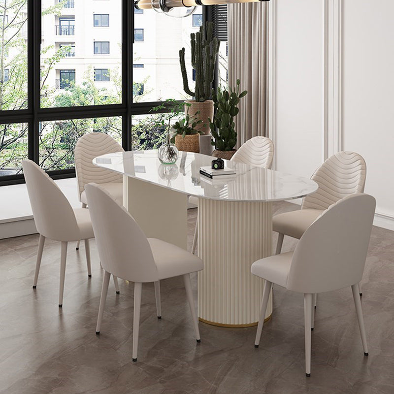 Modern Oval Dining Table Stone and Metal Double Pedestal Dining Table in White Oval 55.1"L x 31.5"W x 29.5"H Without Chairs Clearhalo 'Dining Tables & Seating' 'Dining Tables' 'dining_table' 'furn' 'furn_dining_table' 'Furniture' 'furniture_dining_table' 'Kitchen & Dining Furniture' 5043206