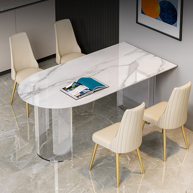 Stone Center Top Dining table Acrylic Double Pedestal Modern White Dinette Table Free Form 51.2"L x 27.6"W x 29.5"H Without Chairs Clearhalo 'Dining Tables & Seating' 'Dining Tables' 'dining_table' 'furn' 'furn_dining_table' 'Furniture' 'furniture_dining_table' 'Kitchen & Dining Furniture' 5043227