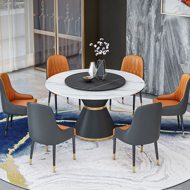 Round Stone Dining Table Black Base Traditional Luxury Dinette Table in White White Black 47.2"L x 47.2"W x 29.5"H Without Chairs Clearhalo 'Dining Tables & Seating' 'Dining Tables' 'dining_table' 'furn' 'furn_dining_table' 'Furniture' 'furniture_dining_table' 'Kitchen & Dining Furniture' 5043339