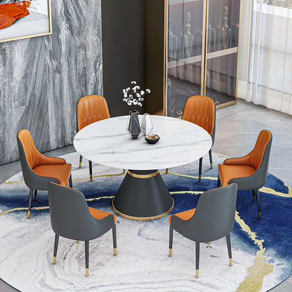 Round Stone Dining Table Black Base Traditional Luxury Dinette Table in White White 39.4"L x 39.4"W x 29.5"H Without Chairs Clearhalo 'Dining Tables & Seating' 'Dining Tables' 'dining_table' 'furn' 'furn_dining_table' 'Furniture' 'furniture_dining_table' 'Kitchen & Dining Furniture' 5043340