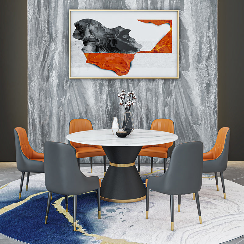 Round Stone Dining Table Black Base Traditional Luxury Dinette Table in White White 47.2"L x 47.2"W x 29.5"H Without Chairs Clearhalo 'Dining Tables & Seating' 'Dining Tables' 'dining_table' 'furn' 'furn_dining_table' 'Furniture' 'furniture_dining_table' 'Kitchen & Dining Furniture' 5043341