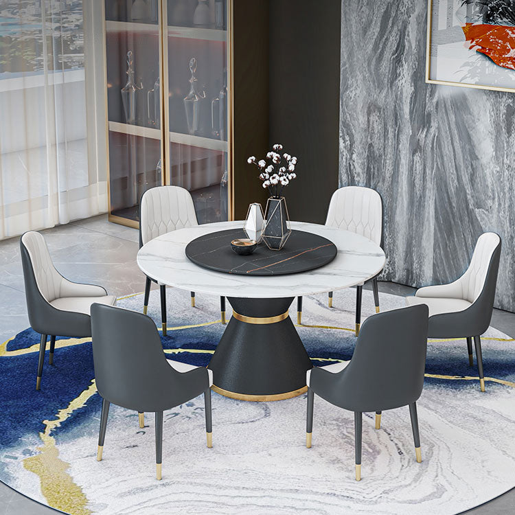 Round Stone Dining Table Black Base Traditional Luxury Dinette Table in White Clearhalo 'Dining Tables & Seating' 'Dining Tables' 'dining_table' 'furn' 'furn_dining_table' 'Furniture' 'furniture_dining_table' 'Kitchen & Dining Furniture' 5043346