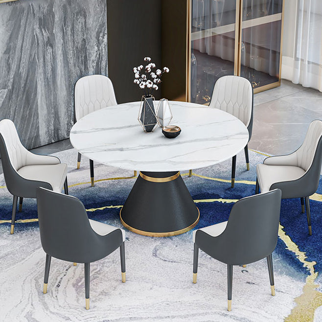 Round Stone Dining Table Black Base Traditional Luxury Dinette Table in White Clearhalo 'Dining Tables & Seating' 'Dining Tables' 'dining_table' 'furn' 'furn_dining_table' 'Furniture' 'furniture_dining_table' 'Kitchen & Dining Furniture' 5043350