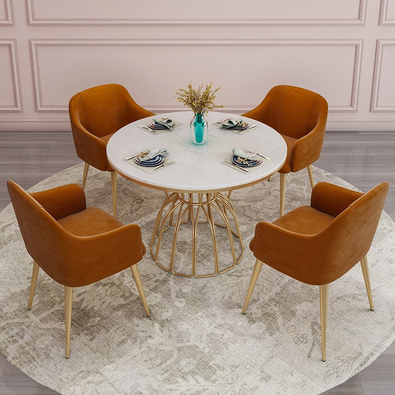 Traditional Luxury Dinette Table Round Metal Gold Base Dining Pedestal Table White 39.4"L x 39.4"W x 29.5"H Without Chairs Clearhalo 'Dining Tables & Seating' 'Dining Tables' 'dining_table' 'furn' 'furn_dining_table' 'Furniture' 'furniture_dining_table' 'Kitchen & Dining Furniture' 5043376