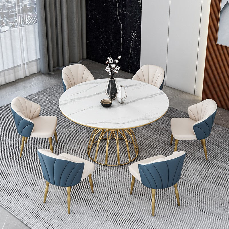 Traditional Luxury Dinette Table Round Metal Gold Base Dining Pedestal Table White 47.2"L x 47.2"W x 29.5"H Without Chairs Clearhalo 'Dining Tables & Seating' 'Dining Tables' 'dining_table' 'furn' 'furn_dining_table' 'Furniture' 'furniture_dining_table' 'Kitchen & Dining Furniture' 5043377