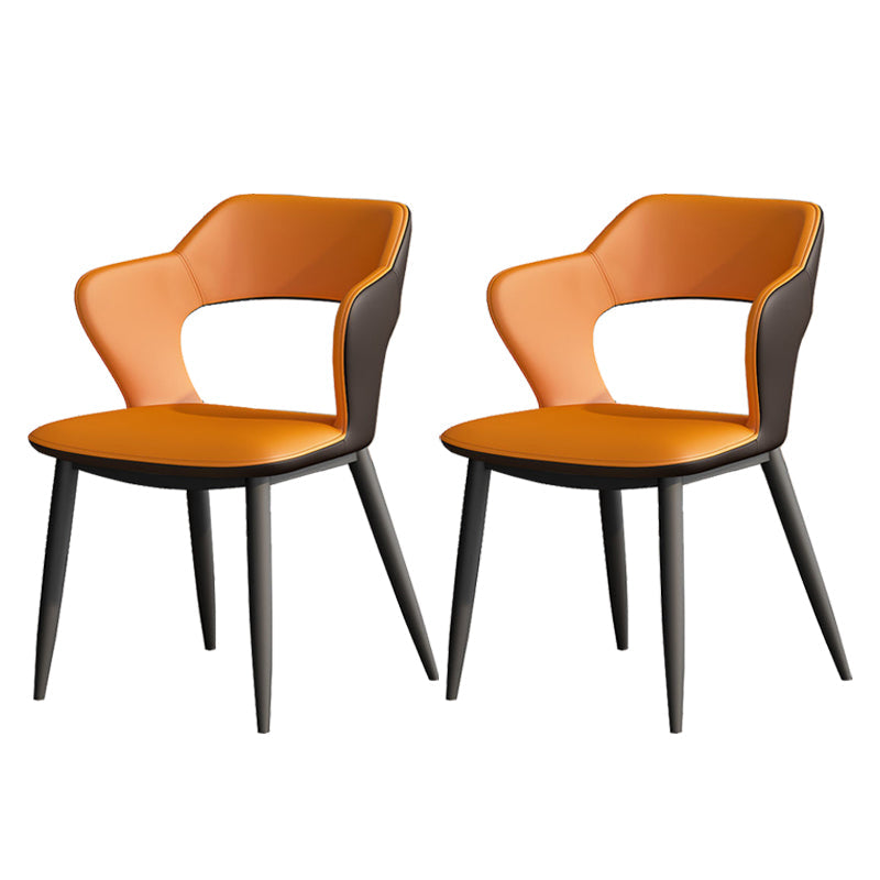 Metal Contemporary Dining Chair with Arms Matte Finish Open Back Dining Side Chair Orange Leather 2 Piece Set Clearhalo 'Dining Chairs' 'Dining Tables & Seating' 'dining_chair' 'furn' 'furn_dining_chair' 'Furniture' 'furniture_dining_chair' 'Kitchen & Dining Furniture' 5044766