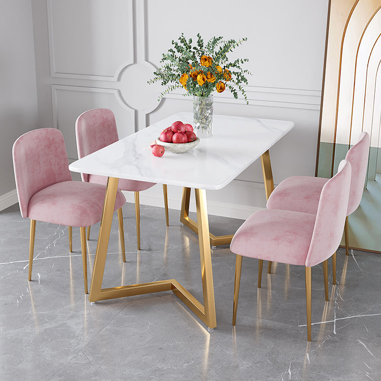 Glam Iron Dinette Set 1/2/5 Pieces Rectangle White Sintered Stone Top Dining Table Set 5 Pieces: Table, 4 Pink Chairs Clearhalo 'Dining Room Sets' 'Dining Tables & Seating' 'dining_room_set' 'furn' 'furn_dining_room_set' 'Furniture' 'furniture_dining_room_set' 'Kitchen & Dining Furniture' 5044785