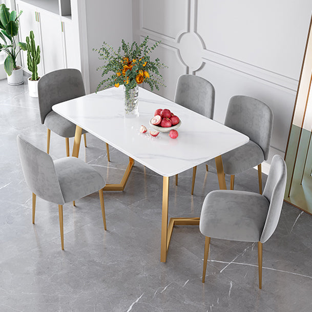 Glam Iron Dinette Set 1/2/5 Pieces Rectangle White Sintered Stone Top Dining Table Set 6 Pieces: Table, 5 Grey Chairs Clearhalo 'Dining Room Sets' 'Dining Tables & Seating' 'dining_room_set' 'furn' 'furn_dining_room_set' 'Furniture' 'furniture_dining_room_set' 'Kitchen & Dining Furniture' 5044789