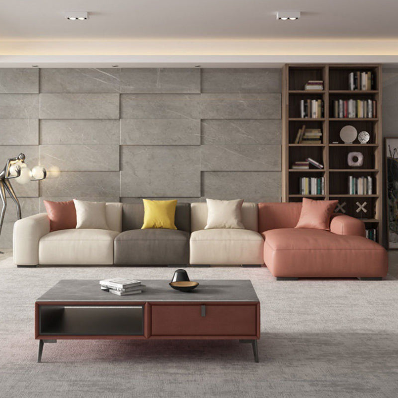 Modern Loose Back Sofa & Chaise 137.8"L*66.93"W*23.62"H Faux Leather Recessed Arm Sofa Pink Right Clearhalo 'furn' 'furn_sectionals' 'Furniture' 'furniture_sectionals' 'Living Room Furniture' 'Sectionals' 5045355